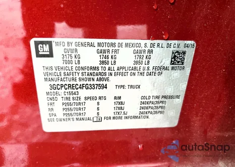 2015 Chevrolet Silverado C1500 Lt z USA, uszkodzony, nr VIN 3GCPCREC4FG337594